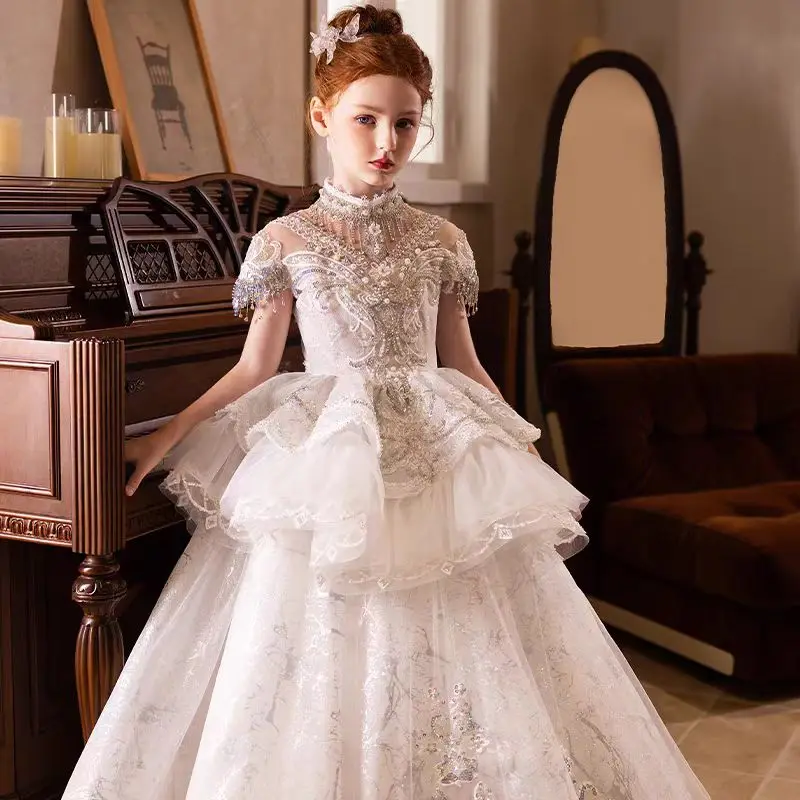 Jill Wish J186 Luxury Arabic White Flower Girl Dress Crystal High Neck Kids Princess Birthday Wedding Party First Communion Gown