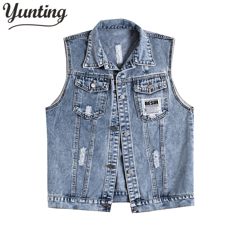 

Sleeveless Short Jean Coat Streetwear Female Women Single Breasted Denim Vest Autumn Winter Solid Casual Turn-down Collar Pocket