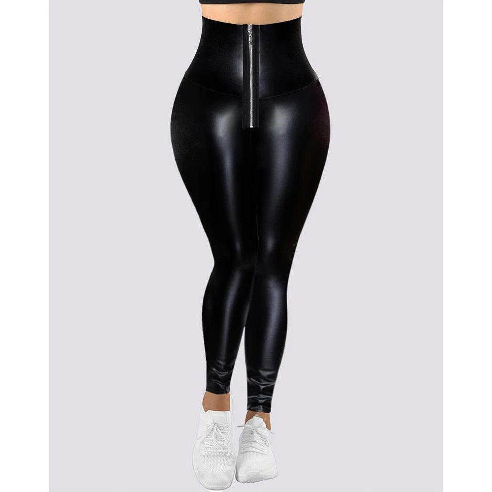 Fashion Zipper Front High Waist Skinny PU Leather Pant Black Leggings Women Korean Style Femme Casual Push Up Trouses Streetwear