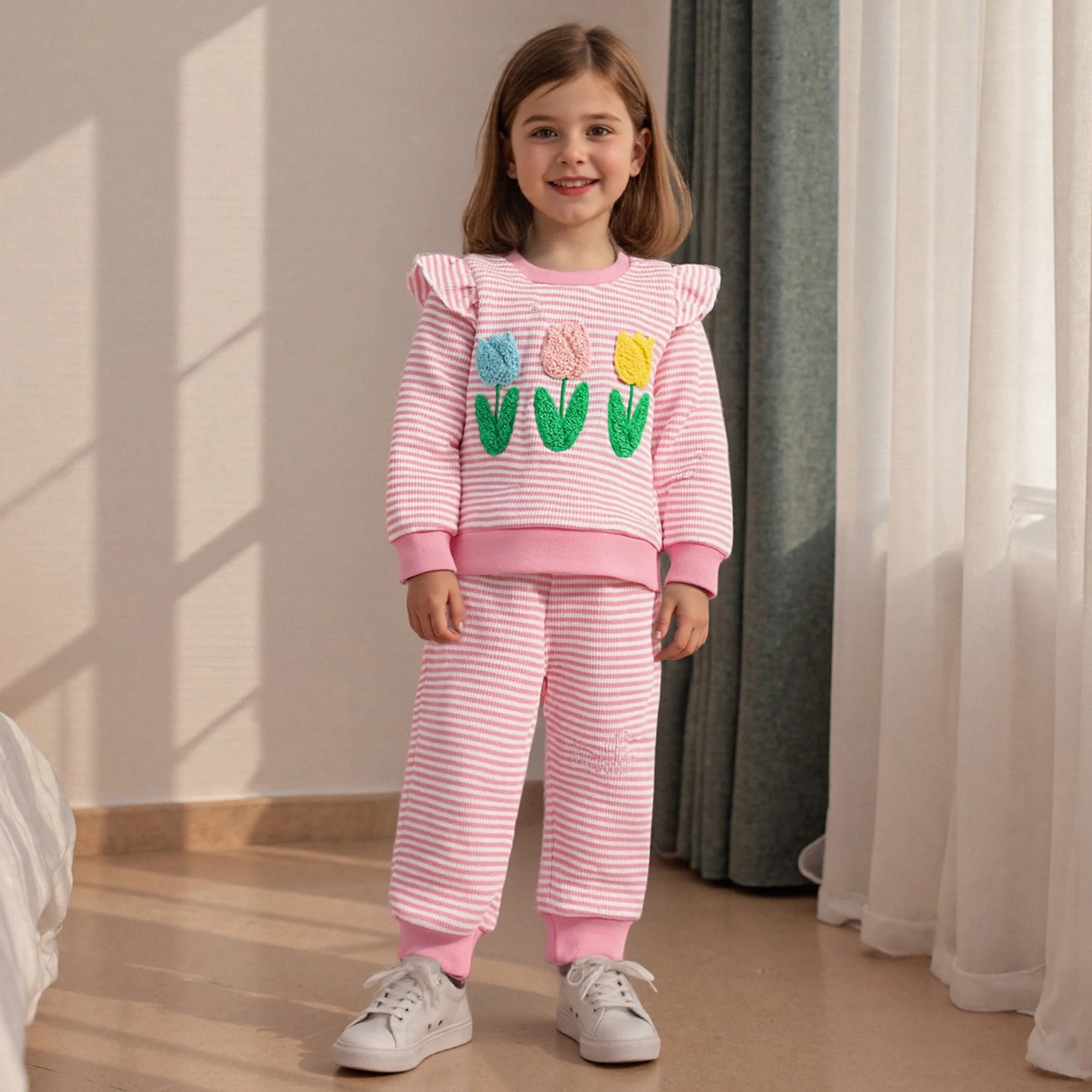 

Осенняя одежда, осенняя одежда в полоску для маленьких девочек, пуловер с длинными рукавами и круглым вырезом с цветочной вышивкой, брюки, комплект одежды из 2 предметов