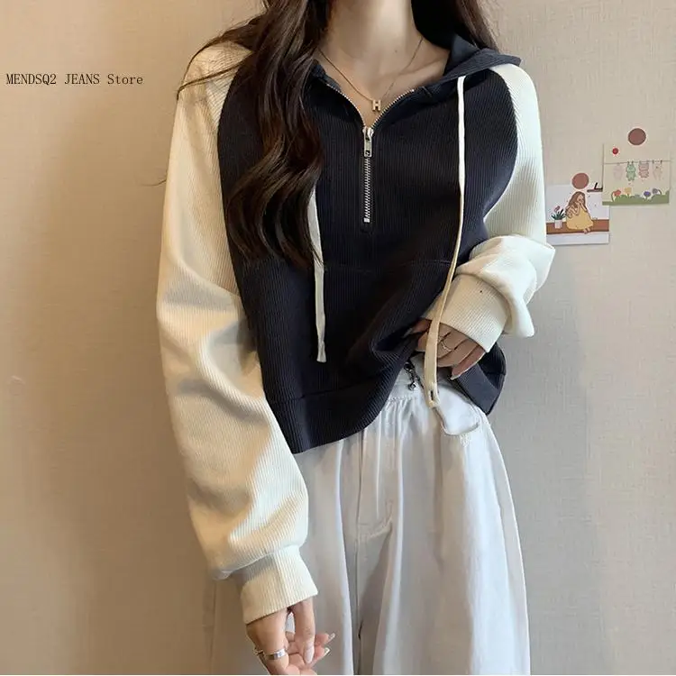 Spring Autumn Thin Long Sleeve Loose Base Layer Sun Protection Ribbed Zipper Hooded T-Shirt Women Causal