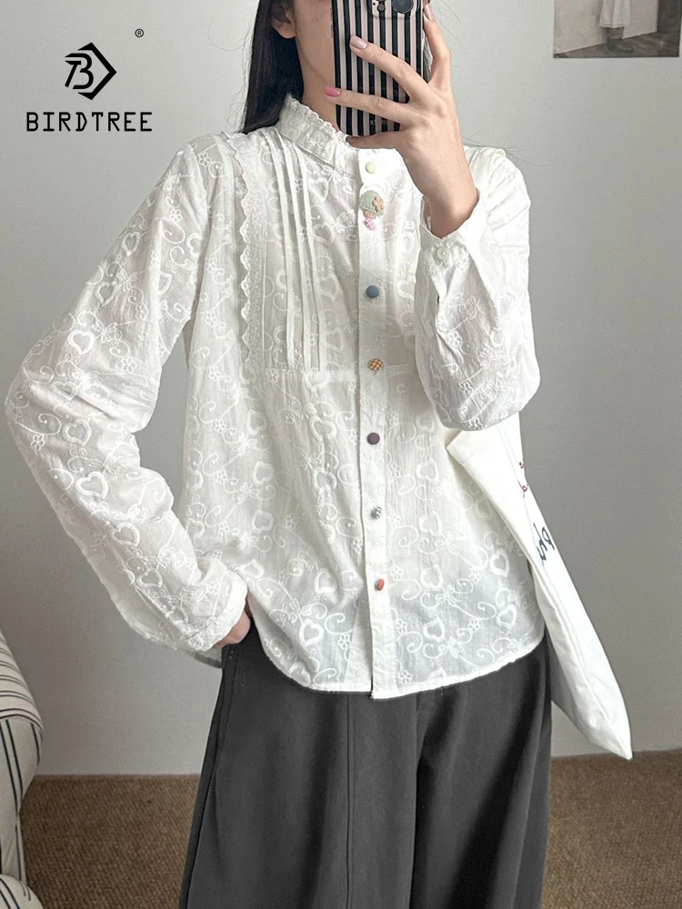 

New 2026 Spring Women Cotton Long Sleeve Shirt, Ruffled Embroidery, Mori Girl Colorful Buttons Sweet Chic Loose Blouse T62158CC