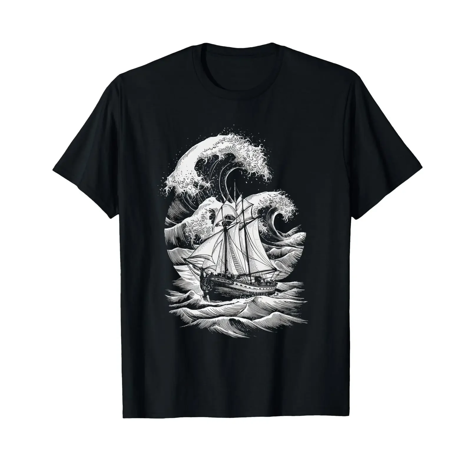 Sailboat in the ocean stormy waves patterned sailors T Shirt Black S vintage Washed Comfortable Top For Everyday Wear Casual
