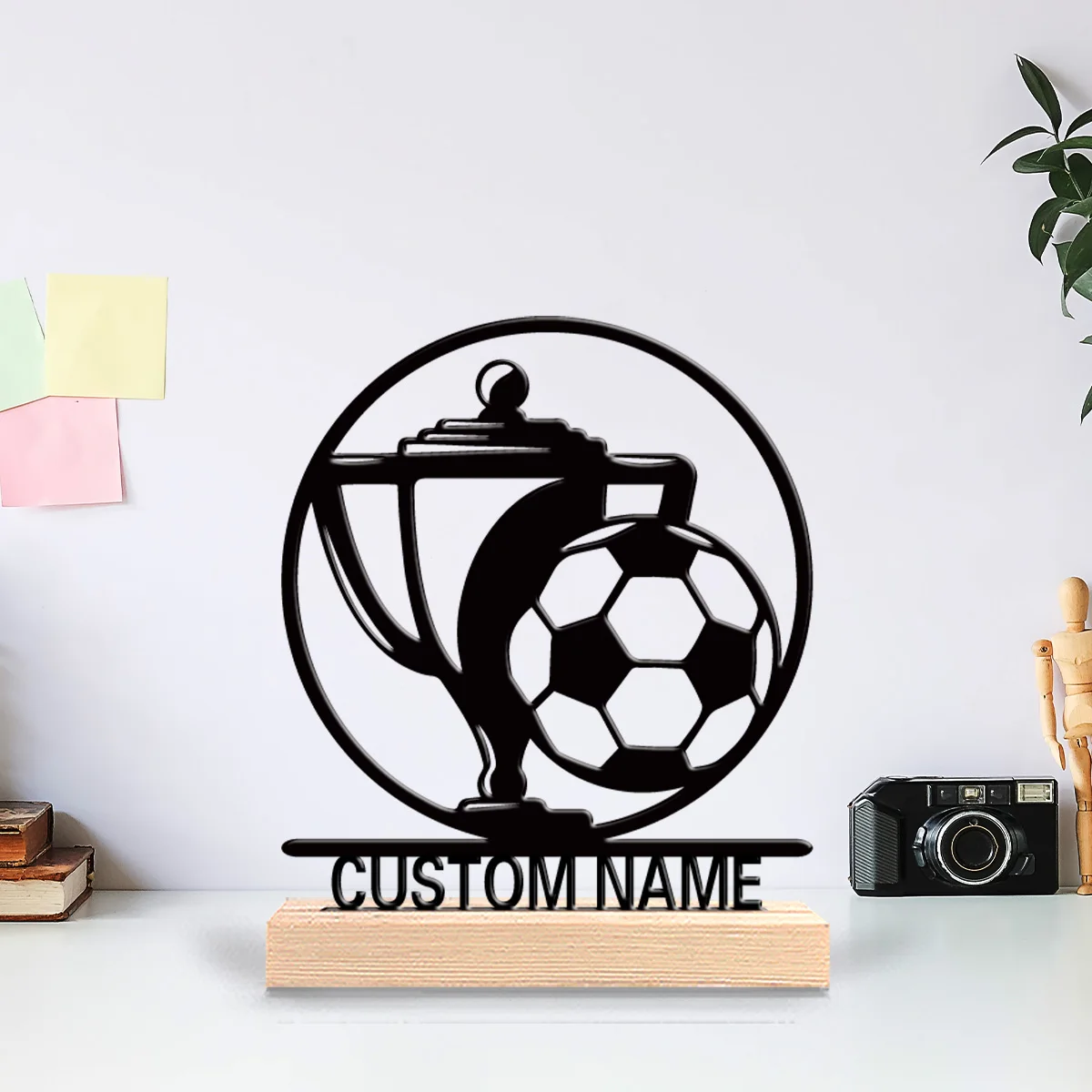 1pc Simple Soccer trophy Customized Letter Tin Statue Art Figurine With Wood Base Metal Sculpture With Wood Base Office Desk