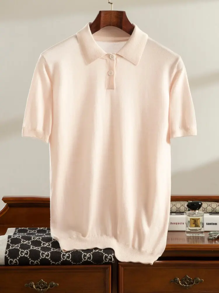 100% Australian wool knitted short sleeves loose large size POLO neck cashmere T-shirt solid color simple sweater half sleeve