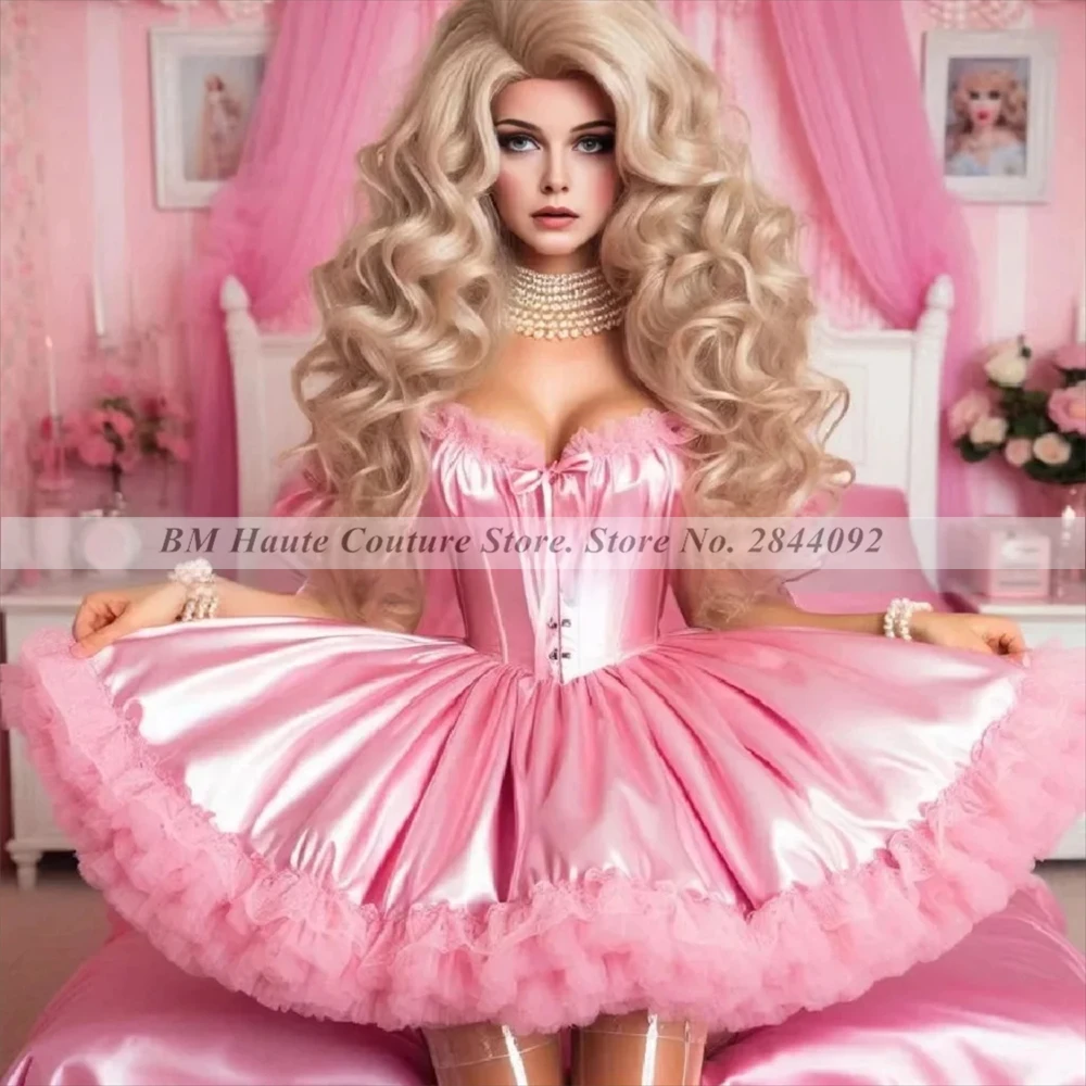 

Elegant Pink Cosplay Prom Dresses Short Sleeve Princess Ruffles Costume Lolita Birthday Formal Evening Party Gown BM307