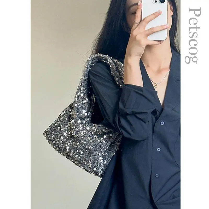 Sequin Pleated Party Handbags For Women 2023 Designer Luxury Underarm Hobo Soft Purses Y2k Dinner Prom Shoulder Bags