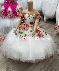 Floral Mexican Embroidery Mini Quinceanera Dresses White Strapless Tulle With Bow Shawl Flower Girl Dresses vestidos para niñas