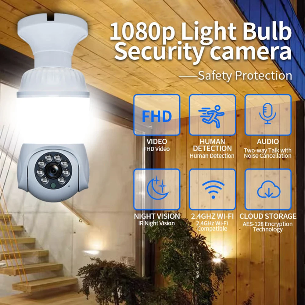 5MP E27 Bulb Camera Wifi Monitoring, With Led Bulb Hd Pvt 8x Zoom Smart Home Tracking Two-way Audio Night Vision Wireless Camera