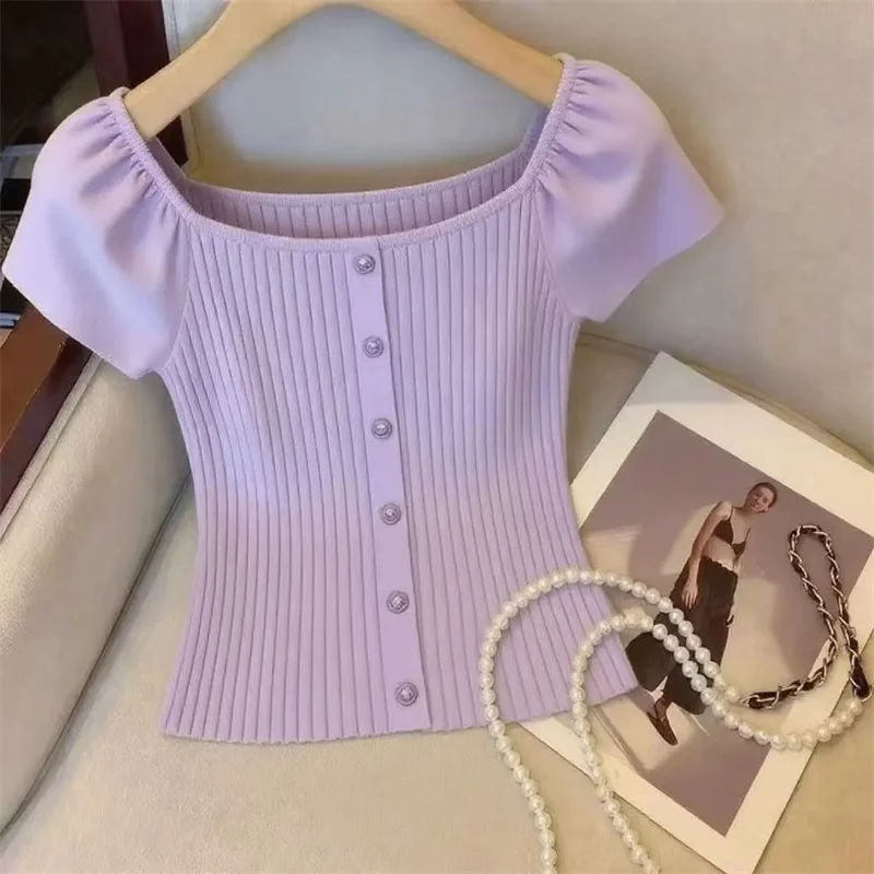 

Women High-end Square Neckline Sweater American Ladies Casual Loose Knitted T-shirt Summer Female Half Sleeve Thin Knitt Sweater