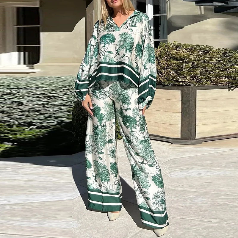 Vintage Clothes Women Spring Pattern Print Loose Leisure Suit Summer V Neck Flare Sleeve Top Pullover Wide Leg Pants Outfit Sets