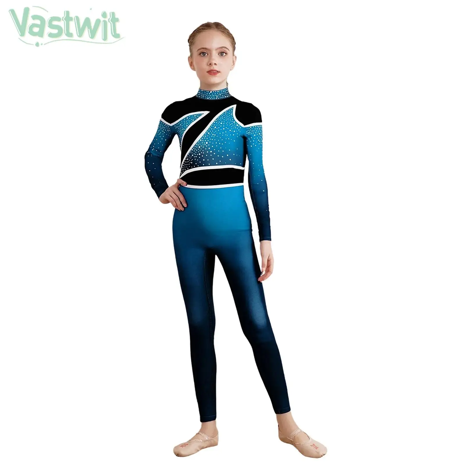 

Children Girls Ballet Dance Gymnastics Jumpsuit Figure Skating Acrobatics Yoga Leotard Long Sleeve Shiny Rhinestones Bodysuit