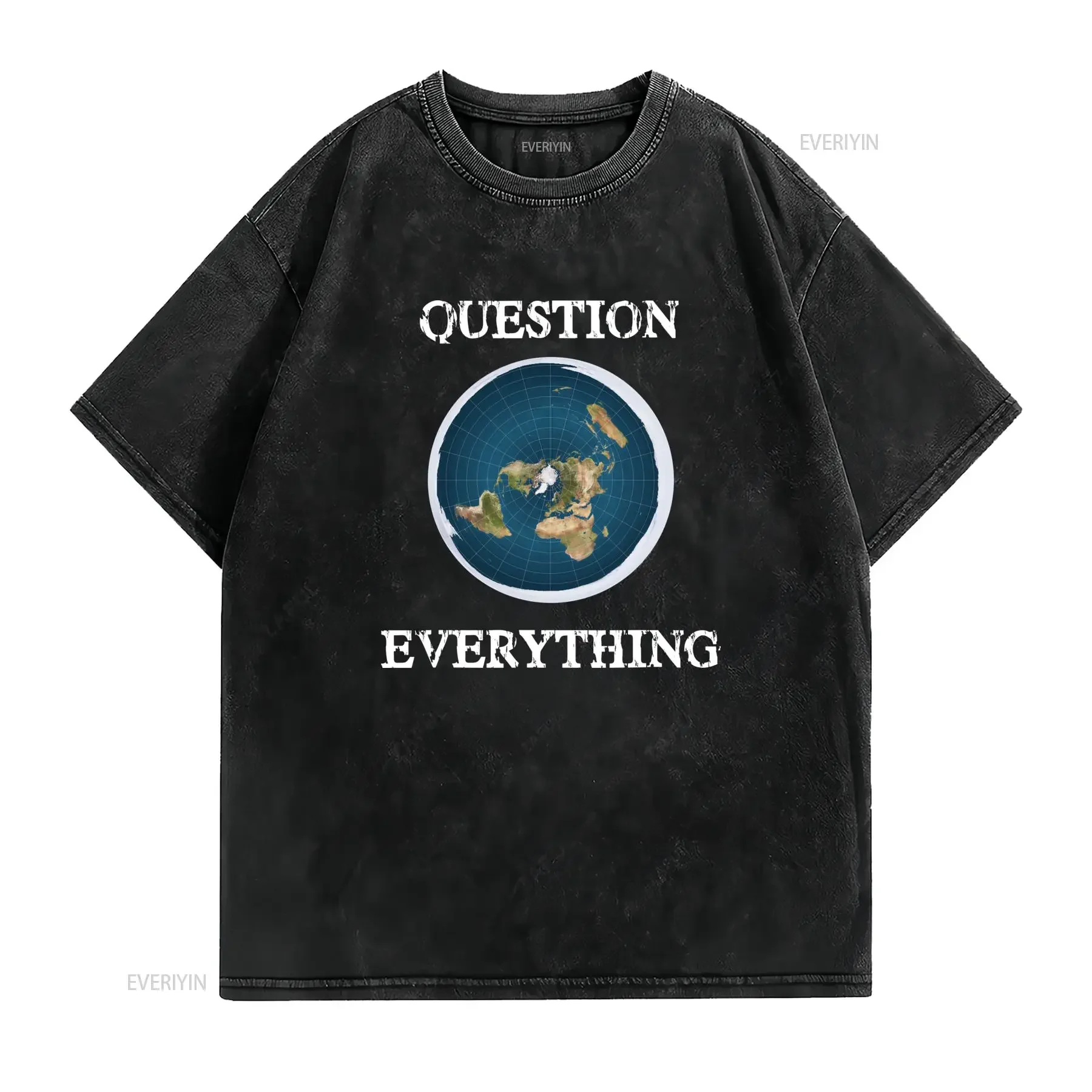 Streetwear Flat Earth Map Question Everything Slogan Print Casual T Shirt vintage Washed Unisex designer clothes fashion Soft