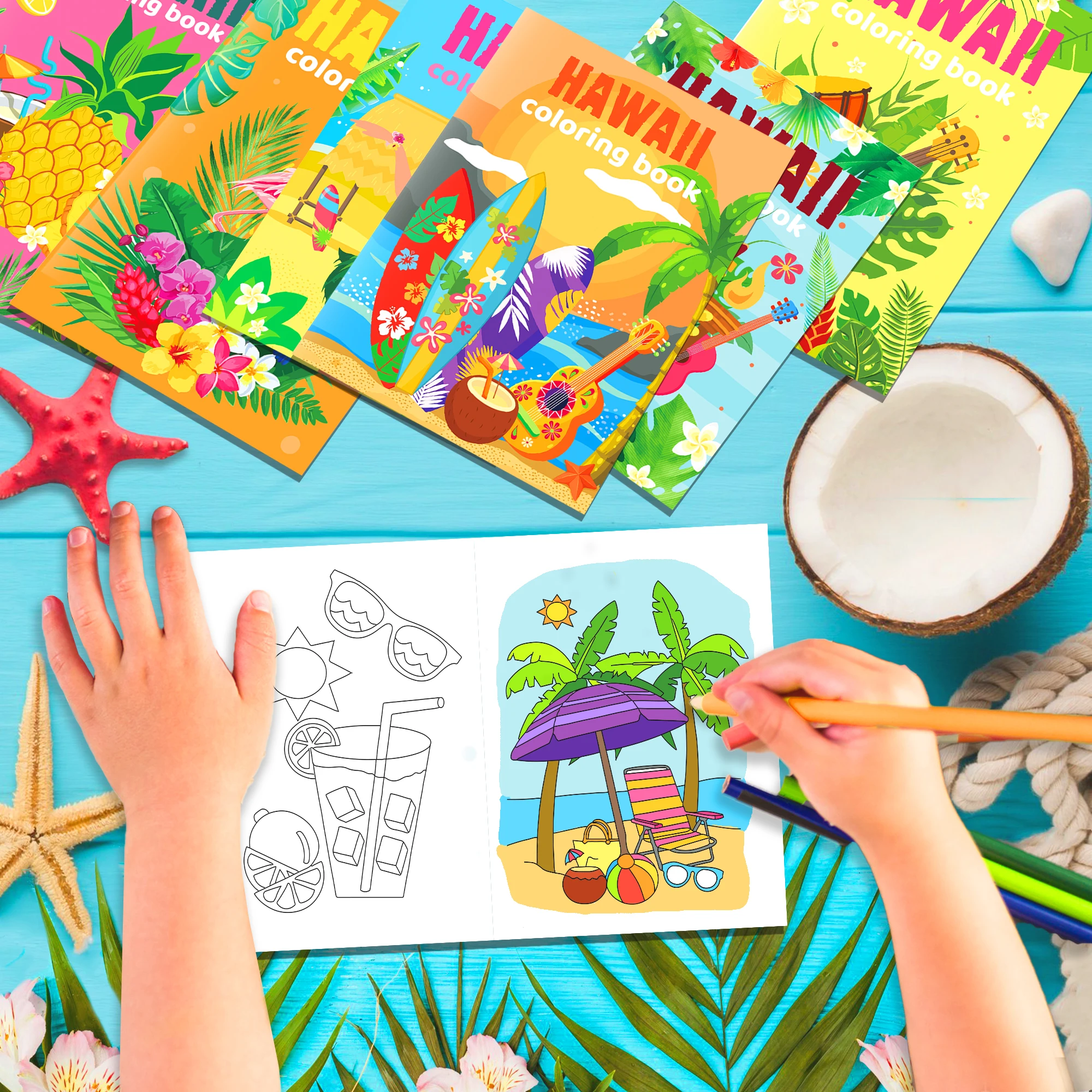 6/12/24Pcs Tropical Hawaii Mini Coloring Books Luau Tiki Palm Leaf Birthday Party Giveaways DIY Drawing Holiday Gift Supplies