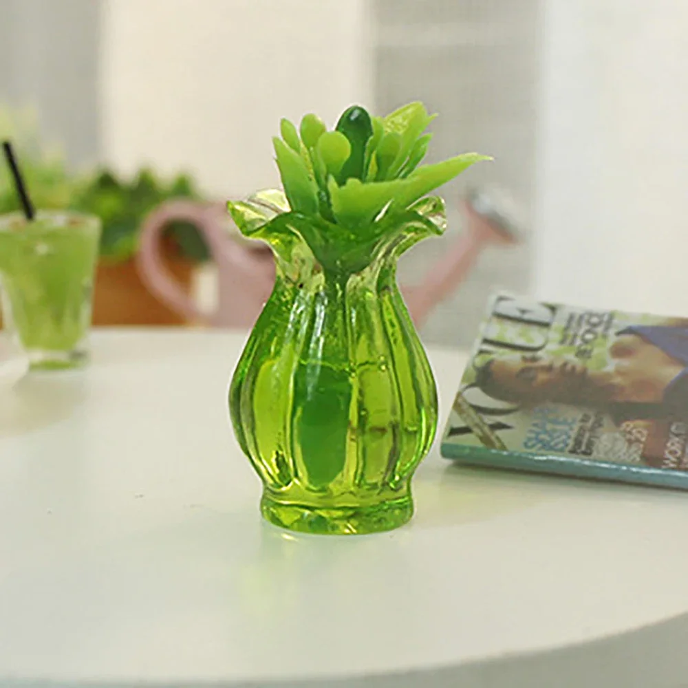 3Pcs 1/12 Dollhouse Miniature Resin Vase with Flower Mini Green Plants Model Toy Doll House Accessories Decoration