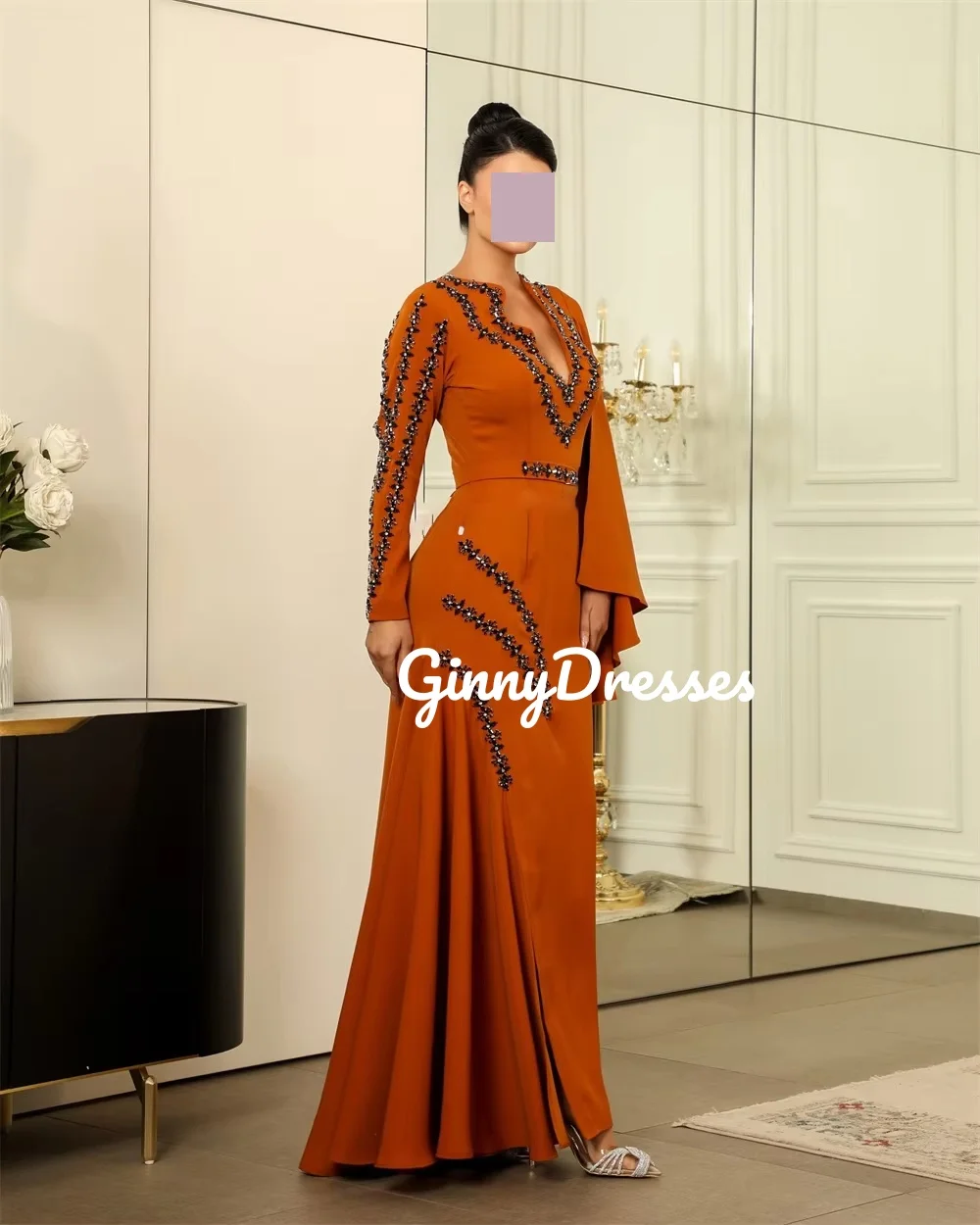 فساتين سهرة نسائية مخصصة على شكل حرف a على شكل حرف v فساتين مناسبة رسمية بطول الأرض مطرز بسحاب حتى فساتين بأكمام طويلة لـ