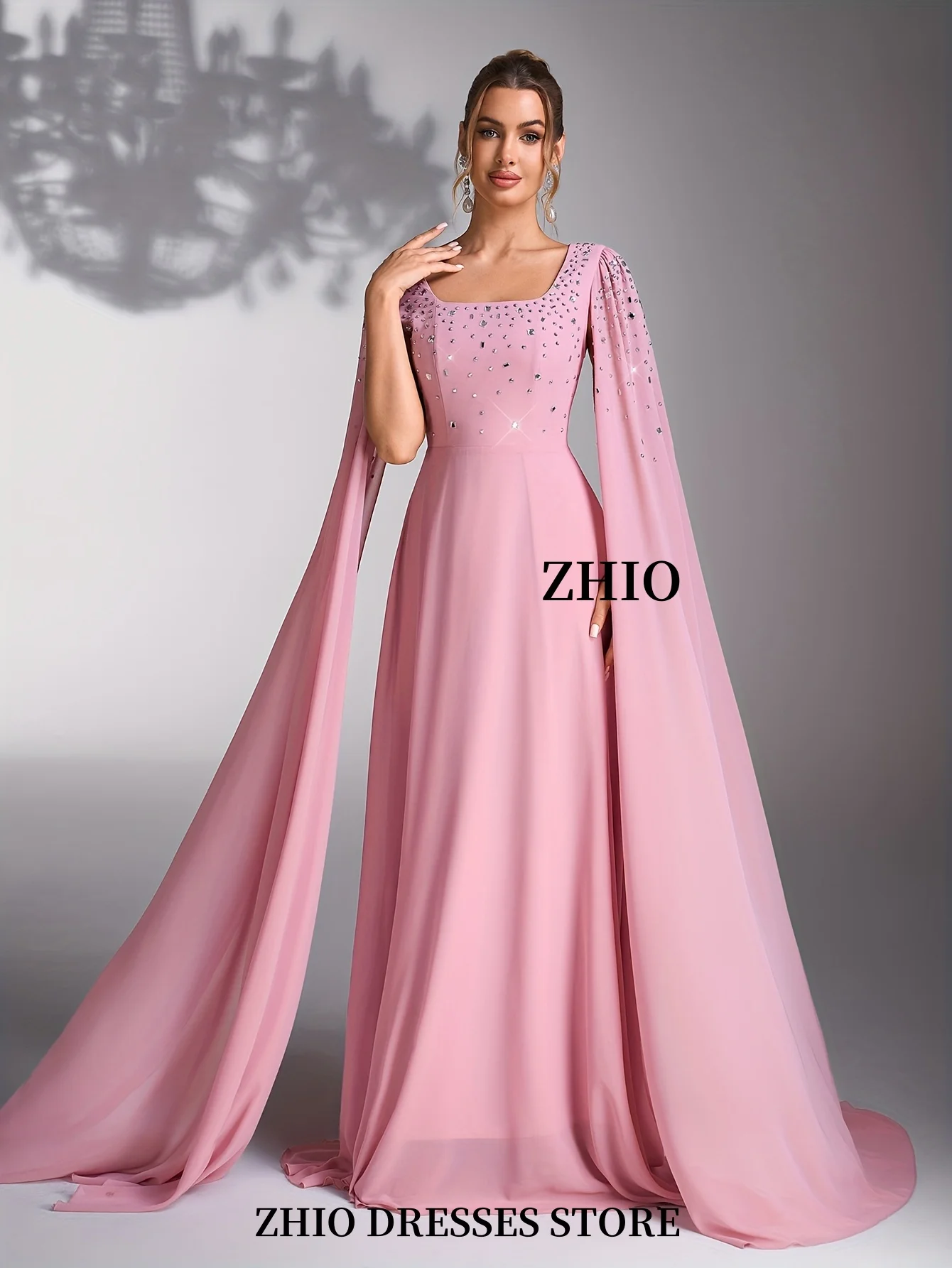 فستان حفلات نسائي من ZHIO برقبة مربعة وأكمام طويلة فاخر مطرز بالخرز كريستال سويب تراين شيفون المملكة العربية السعودية مخصص