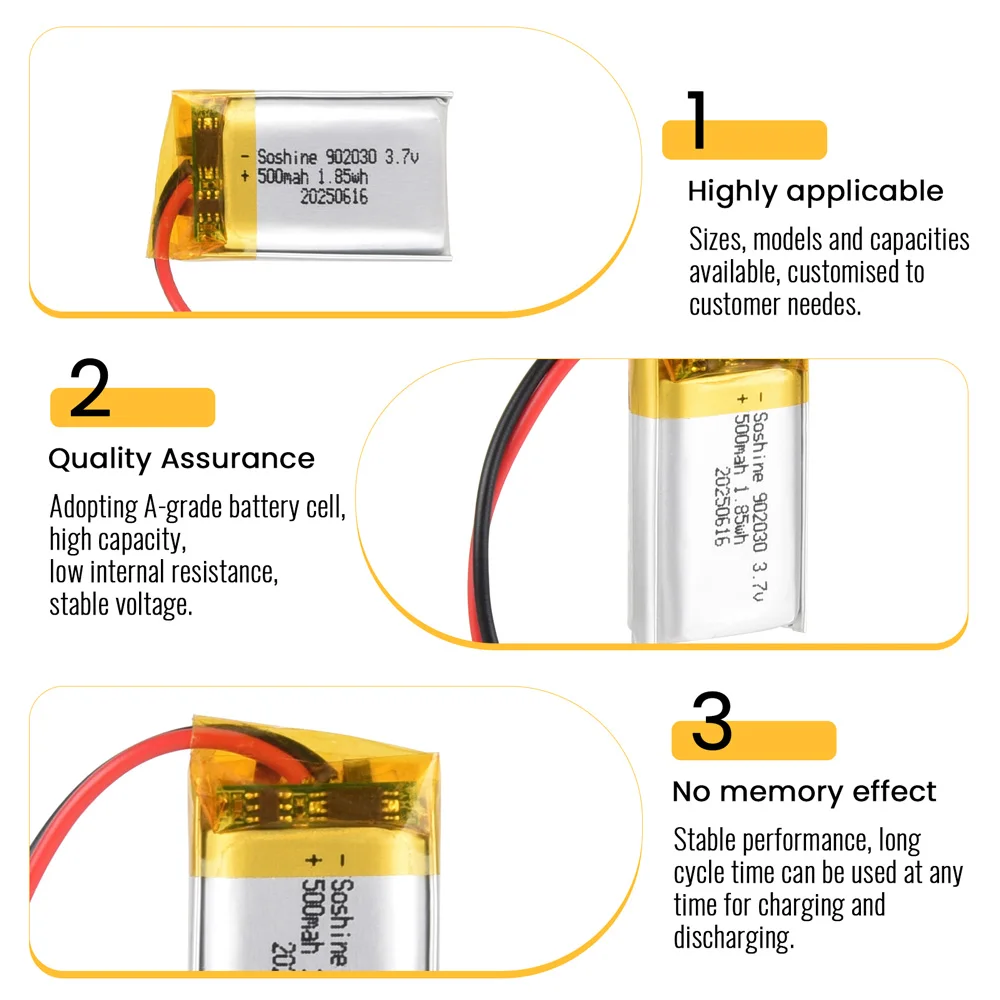 Soshine 902030 Akku 500 mAh 3,7 V Lipo-Lithium-Polymer-Batterien für Solarlicht, DVD-Tracker, Diebstahlsicherung, GPS-Massagegerät