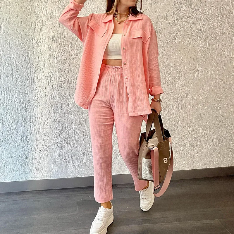 Autumn Vintage Solid Color Pocket Shirt Sets Women Elegant Long Sleeve Commuter Suit Casual Elastic Waist Pants Sports Outfits