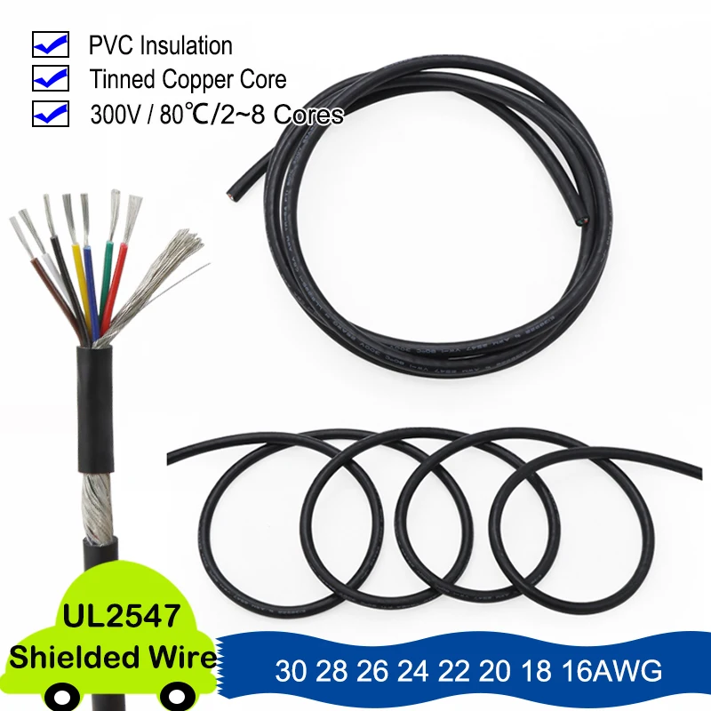 Black UL2547 Shielded Wire 30 28 26 24 22 20 18 16AWG 2/3/4/5/6/7/8CS Channel Audio Copper Wire Cord Headphone DIY Control Line