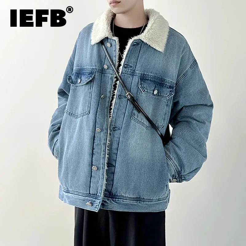 IEFB Single Breasted Men's Denim Padded Coats Lamb Wool Patchwork Turn-down Collar Thick Casual Male Jacket Winter Tide 24E5539