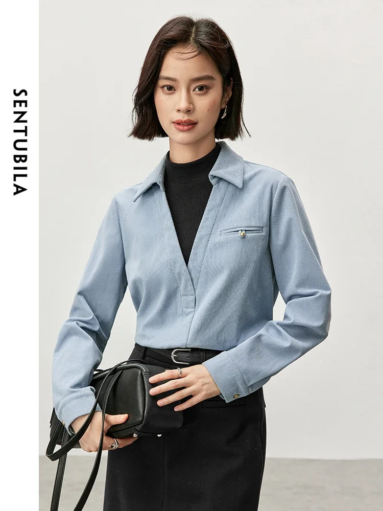 SENTUBILA Casual Spliced Straight Blouse for Women 2024 Autumn Winter Half High Collar Simple 2 in 1 Ladies Shirt 144C56949