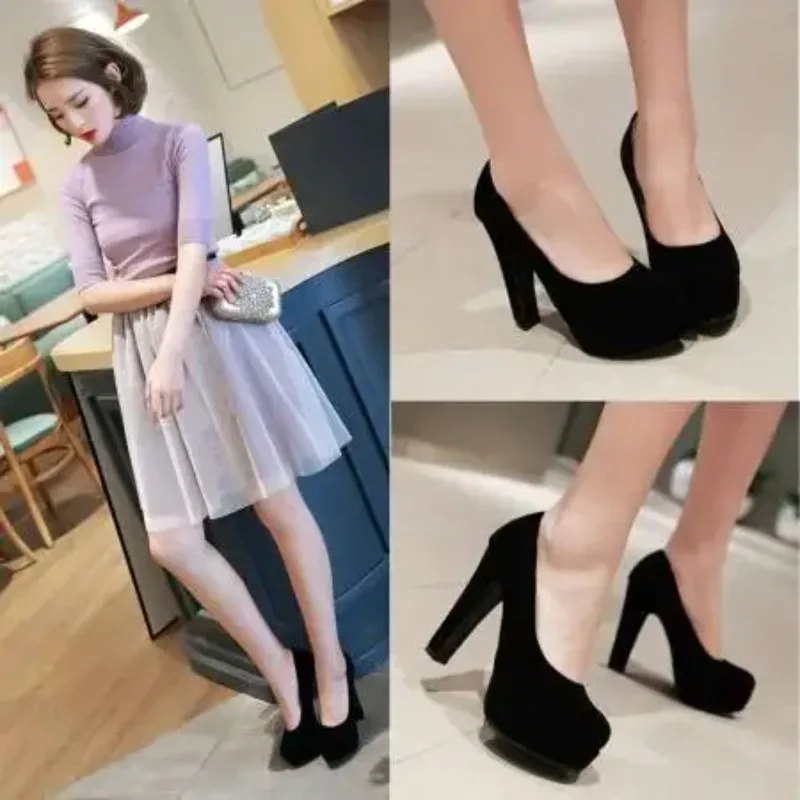 Sexy Super High Heels Shoes for Women Ankle Buckle Chunky Platform Pumps Woman Black Flock Square Heel Party Shoes Large Size 42