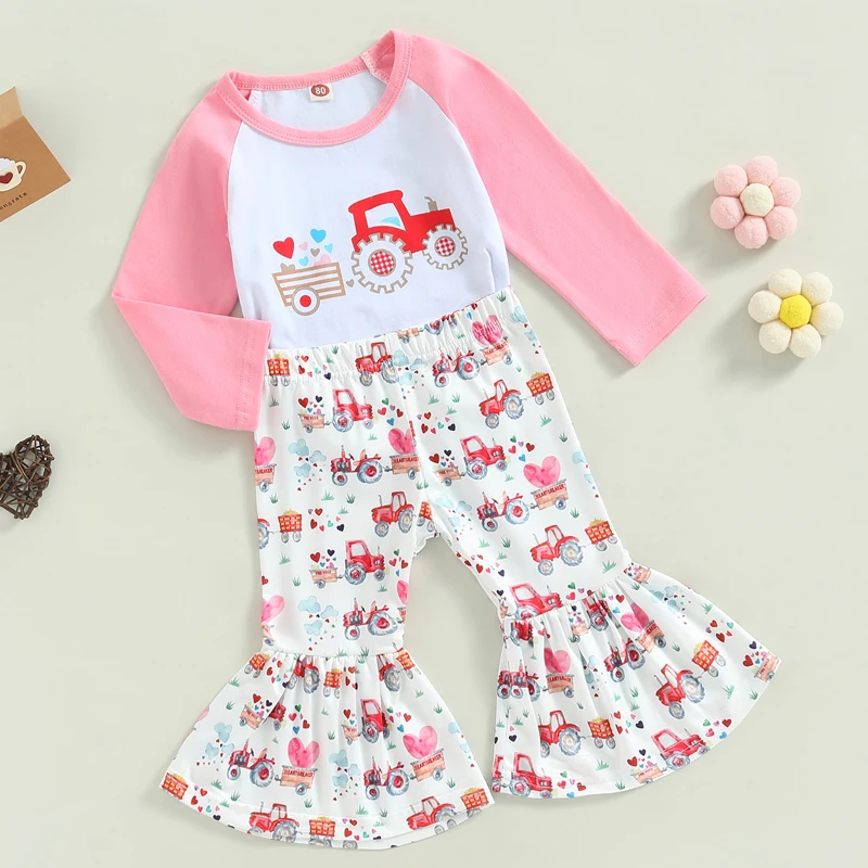 

Valentine s Day Children s Girls Outfit Car Heart Print Long Sleeve Crew Neck T-Shirts and Elastic Waist Flare Pants 2-Piece