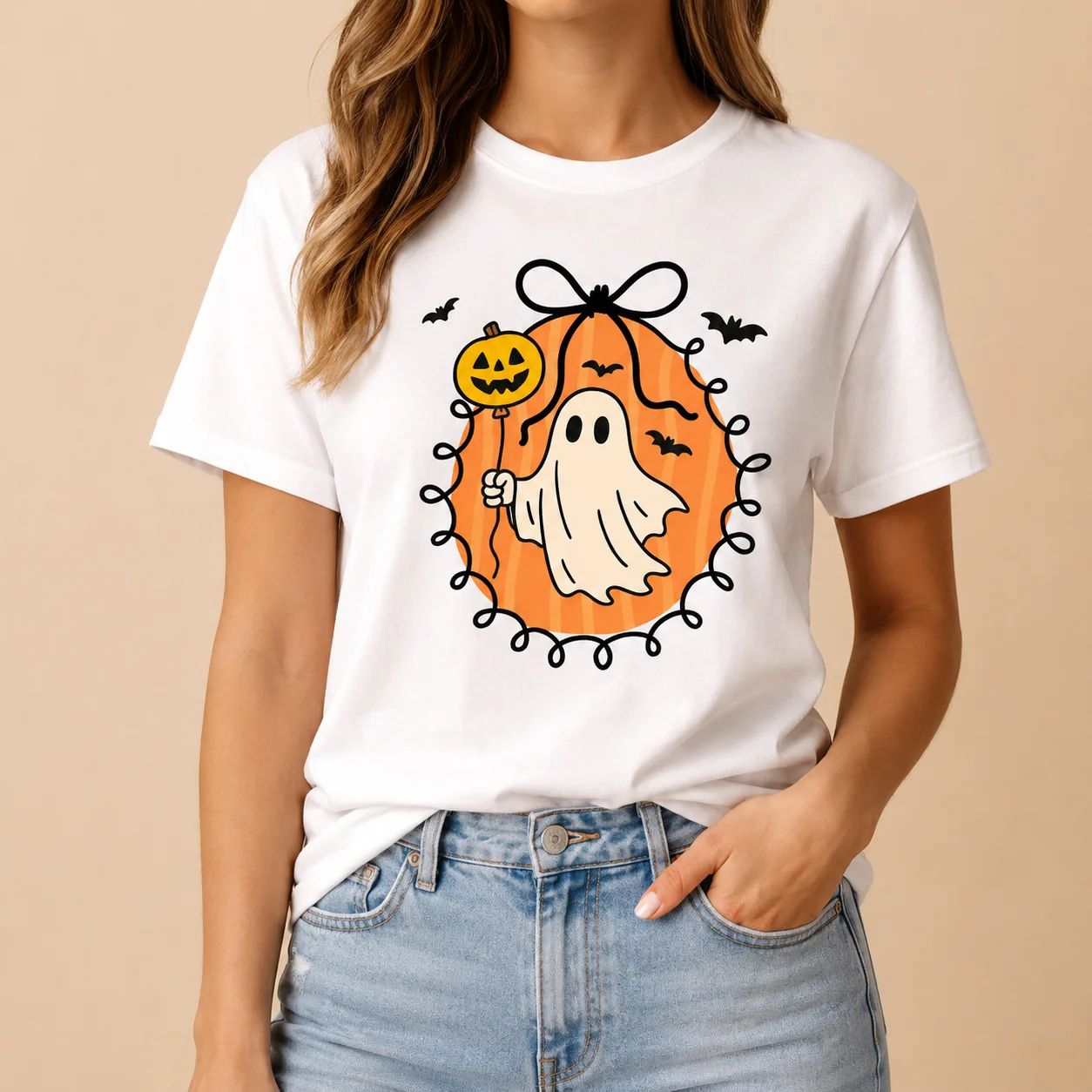 Cute Ghost With Pumpkin Balloon Halloween T Shirt Women Coquette Bow Fall Spooky Casual Short Sleeve Tee