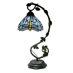 LongHuiJing Tiffany Lamp Dragonfly Style Stained Glass Table Lamps Retro desk lamp for study decoration