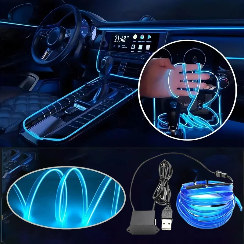 3M/5M LED Dekoracja wnętrza samochodu Światło EL Okablowanie Neon Strip Dla Auto DIY Elastyczne światło otoczenia z napędem USB Lampa otoczenia