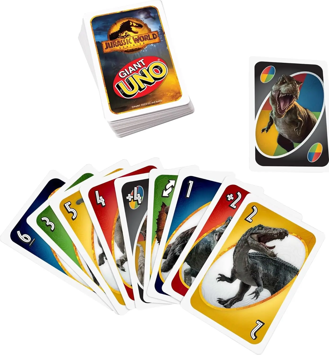 Mattel Games Large UNO Jurassic World Dominance Card Game, suitable for children and gaming nights, with oversized cards and cus