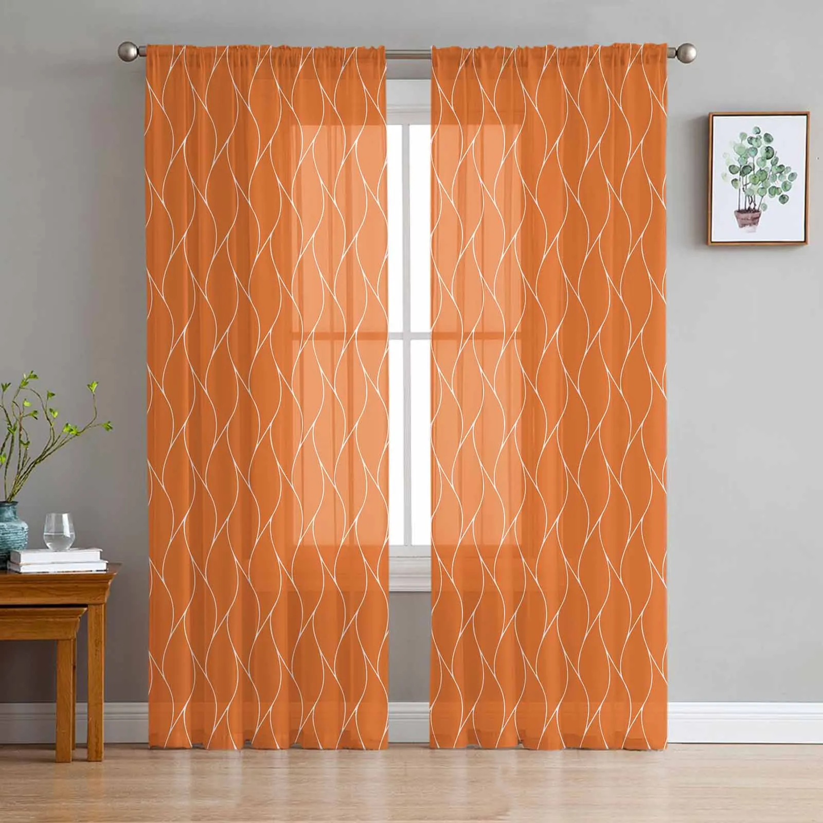 Orange Long Wave Pattern Texture Sheer Curtains for Living Room Bedroom Window Treatment Kitchen Chiffon Curtain