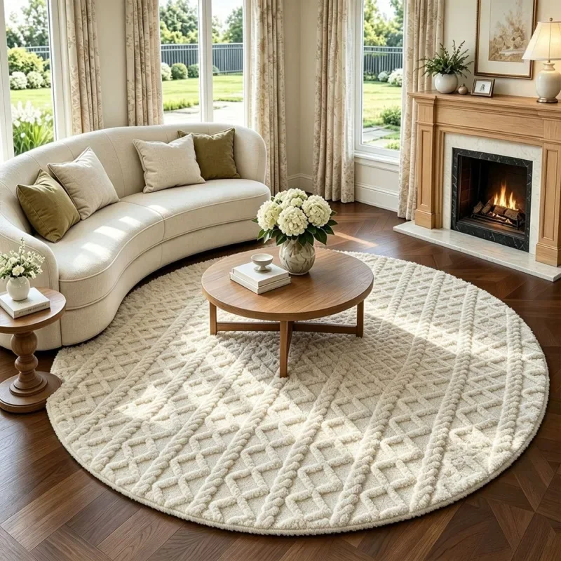 200cm Round Plush Rug Thick Soft French Style Living Room Bedroom Bedside Floor Mat Cream Textured Luxury Home Decoration