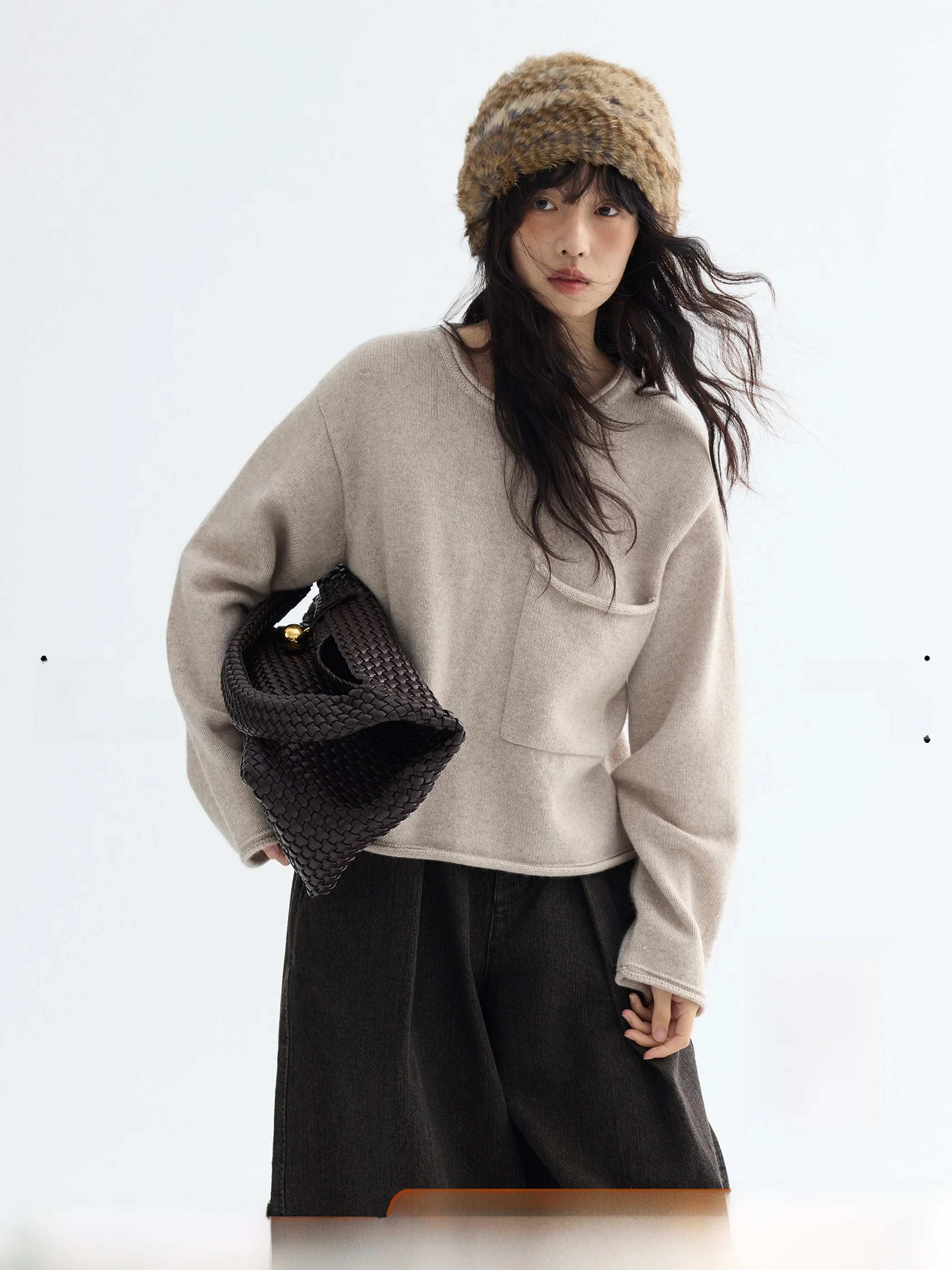 

Oversized round Ne Knitted Sweater Soft Camere Workwear Sle Turn up Cuff Casual All Season Women's Faion Wool Blend