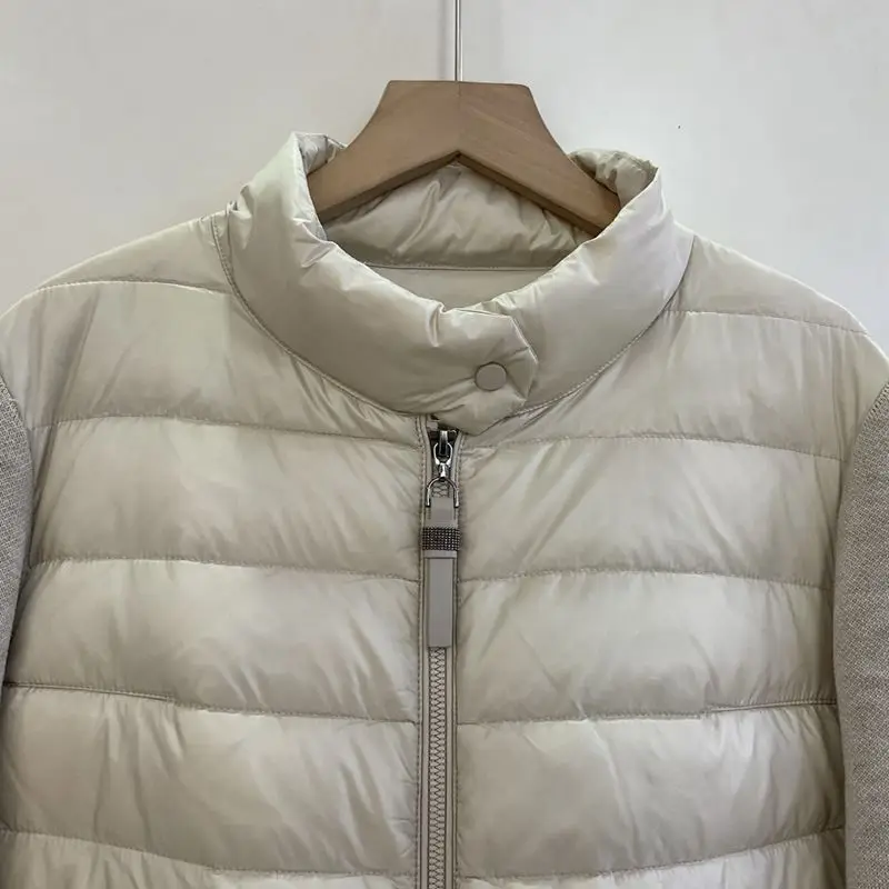 Ladies Cropped Light Down Jacket Knit Sleeve Spliced Stand Collar Zipper Warm Winter Puffer Coat