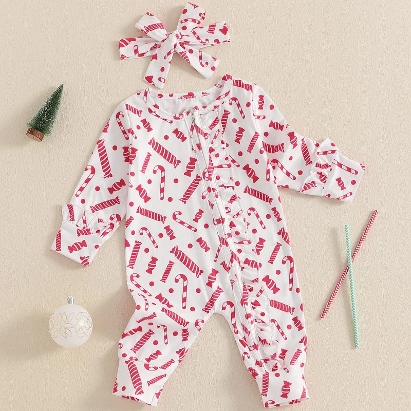 RUEWEY 0 to 18 Months Christmas Baby Girls Rompers Candy Cane Print Round Neck Long Sleeve Jumpsuit with Headband