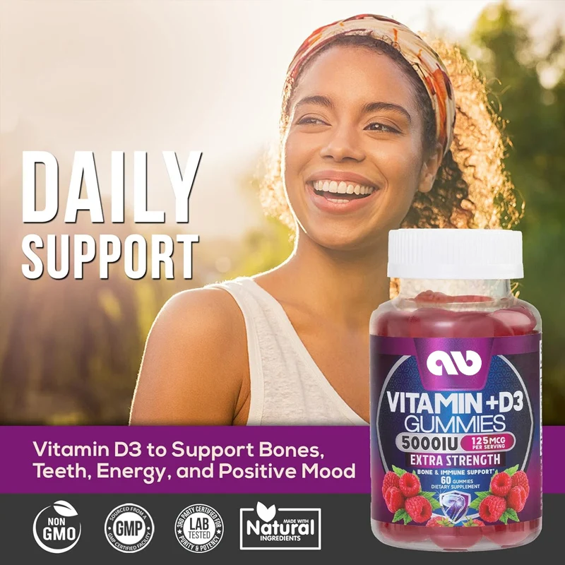 Vitamin D3 gummies 5000 IU extra strength 125 mcg D3 supplement - supports natural bone, muscle, and immune health -60 gummies