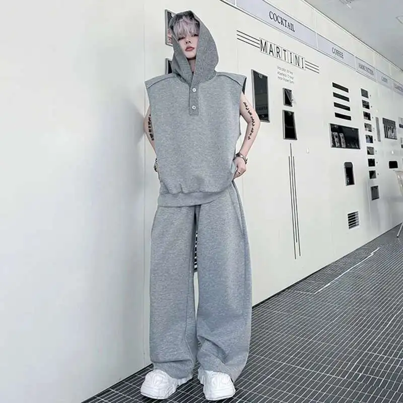 

Men's New Summer Hooded Suit Solid Color Sleeveless Pullover Button Tank Tops Straight Leg Loose Male Pants Simple L7Q0