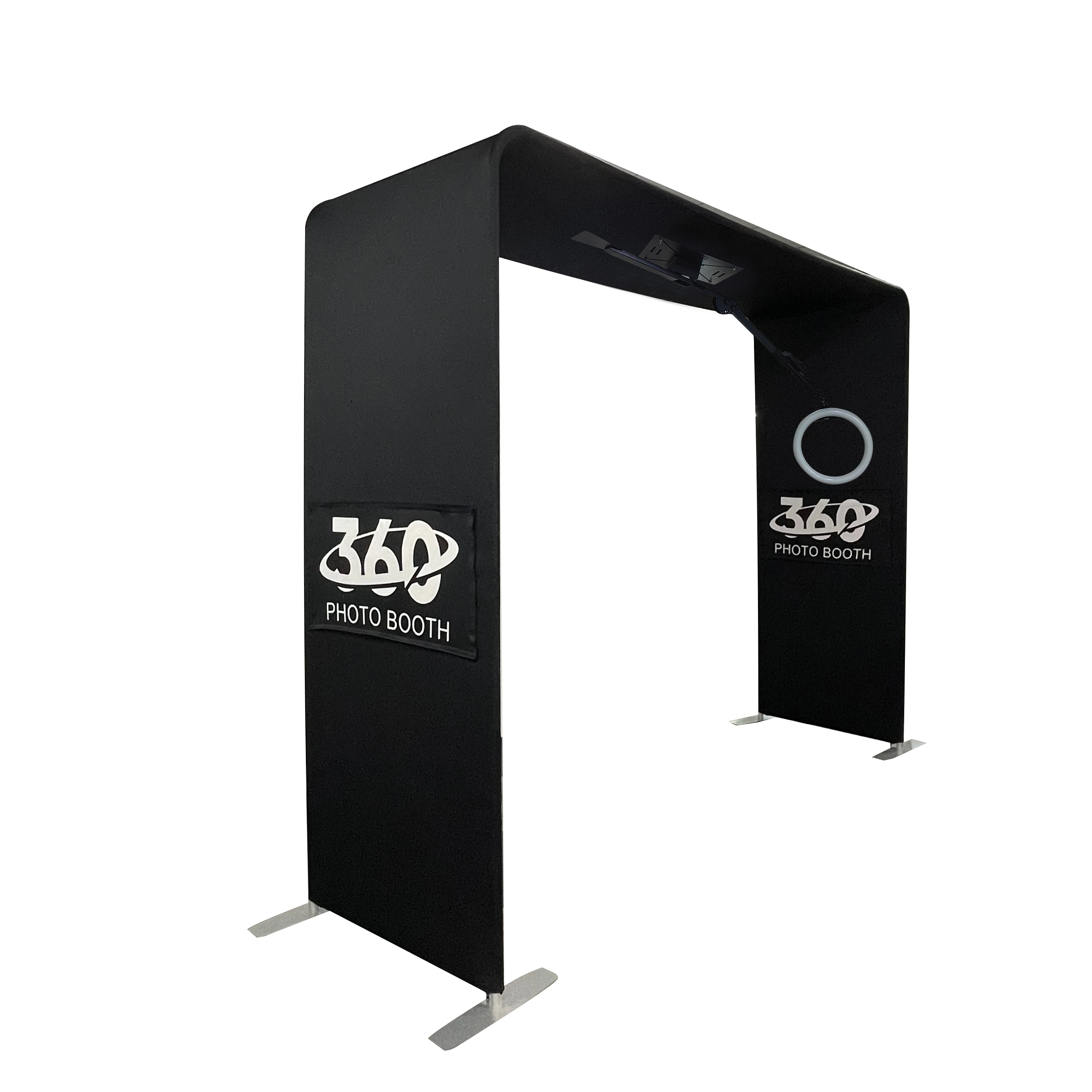 

Portable selfie top spinner overhead 360 rotating photo booth enclosure telescopic arm free logo design with flight case