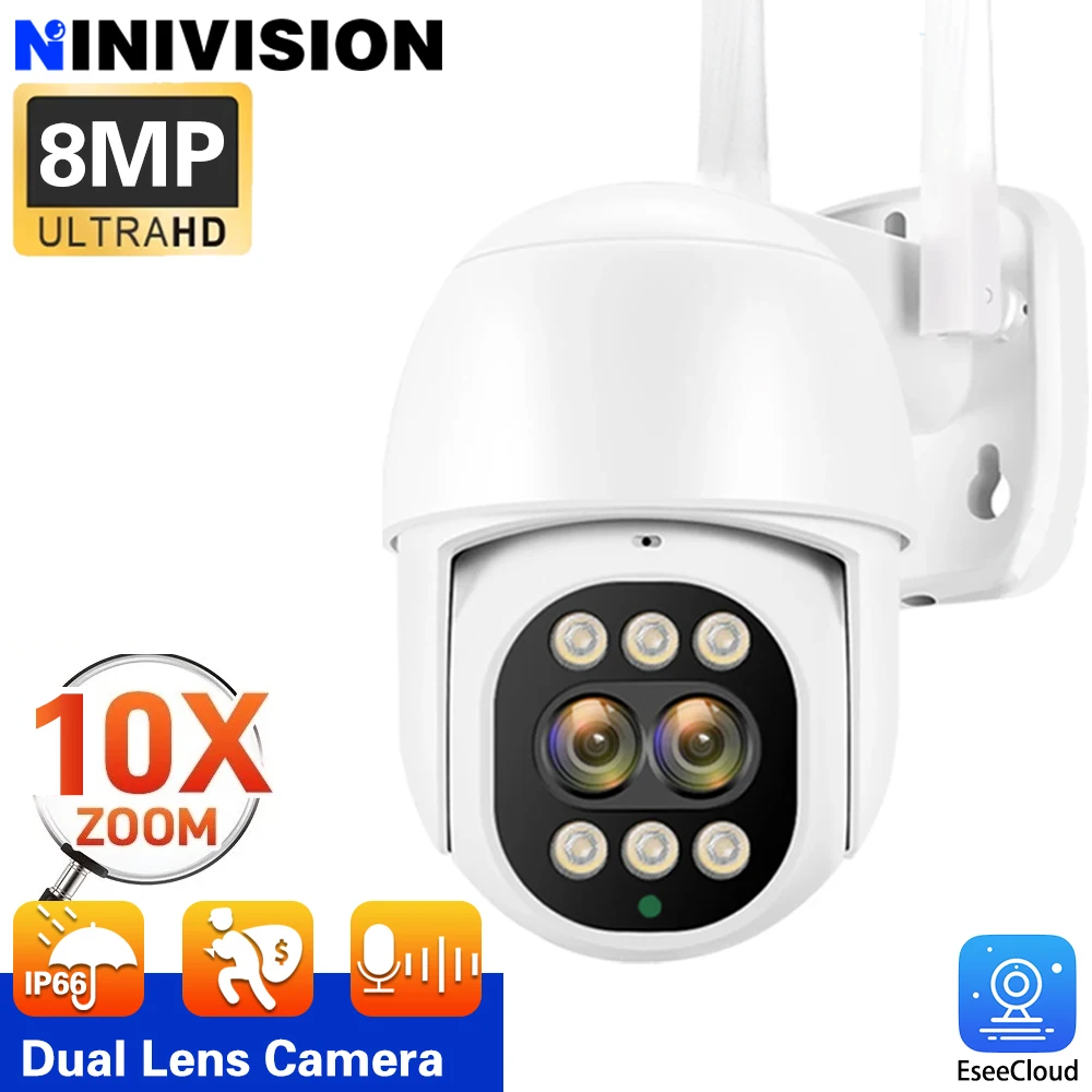 

NINIVISION 8MP WiFi Camera Outdoor Dual Lens Human Detection Alert 10X Digital Zoom PTZ 4MP Two-Way Audio CCTV Security IP Camer