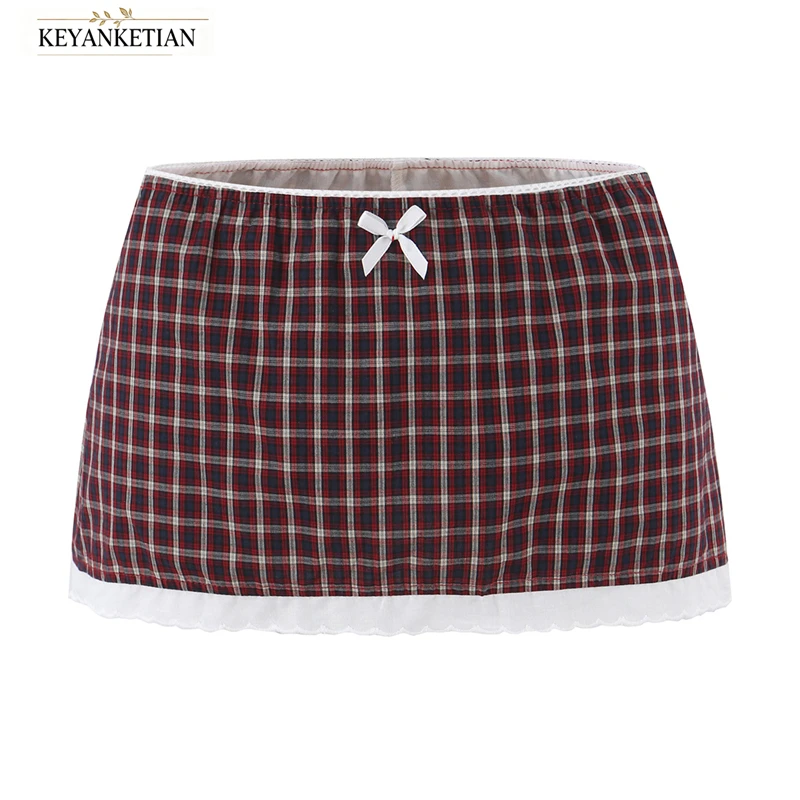 KEYANKETIAN 2026 Plaid Mini Skirt Elastic Waist Front Bow Decor White Scalloped Lace Hem Cute Casual Low Rise Micro Short Skirt