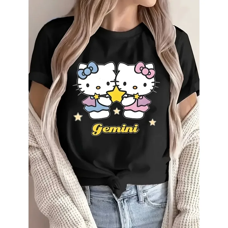

Ladies' Sanrio Hello Kitty and Cool Lomi Pattern T-shirt Cute Anime Character Printed Round Neck Short Sleeve Casual Top T-shirt