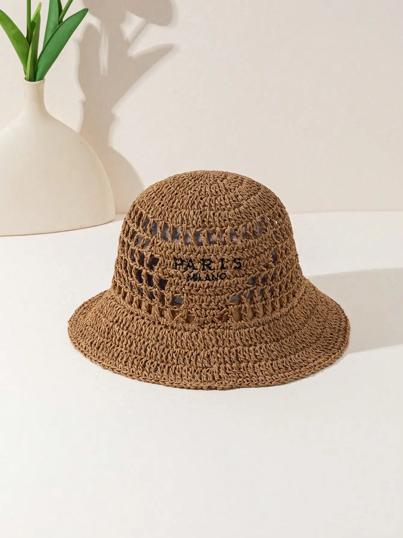 Women's Fashionable Bohemian Beach Resort Inverted Triangle Letter Embroidery Handmade Crocheted Straw Hat