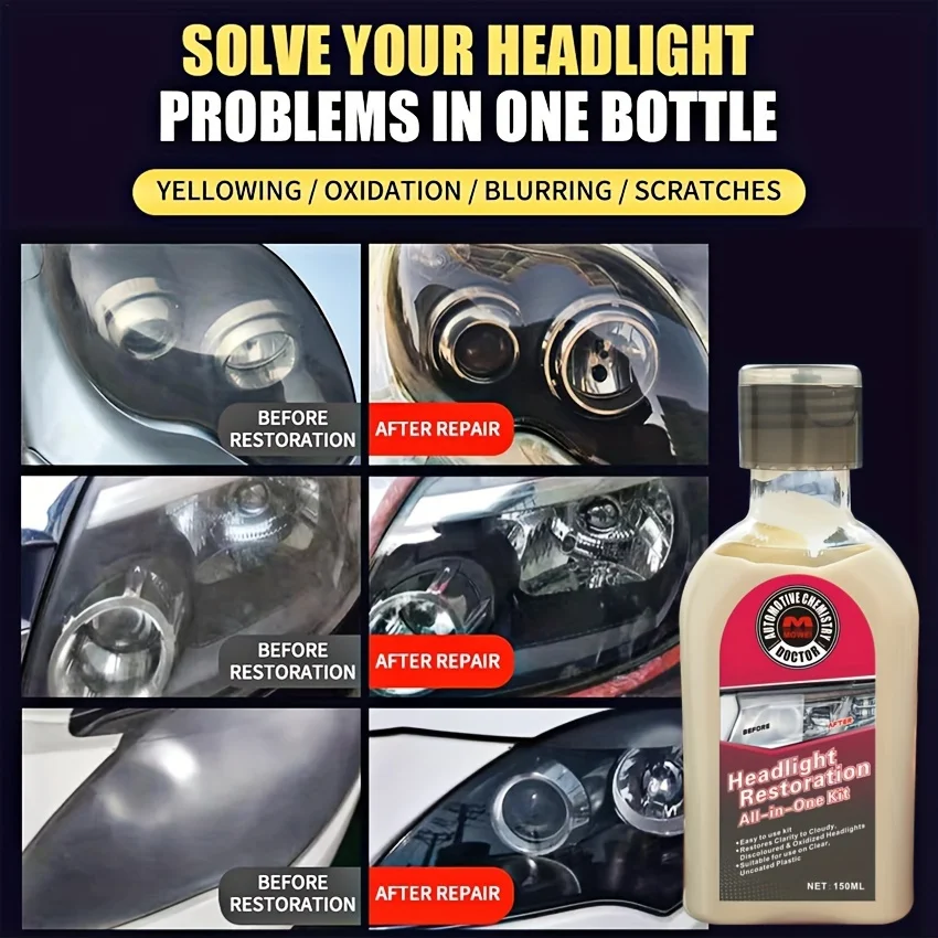 Car Headlight Restoration Solution - Removes Yellowing, Scratches & Fog, Enhances Brightness with Crystal Coating。Renovation