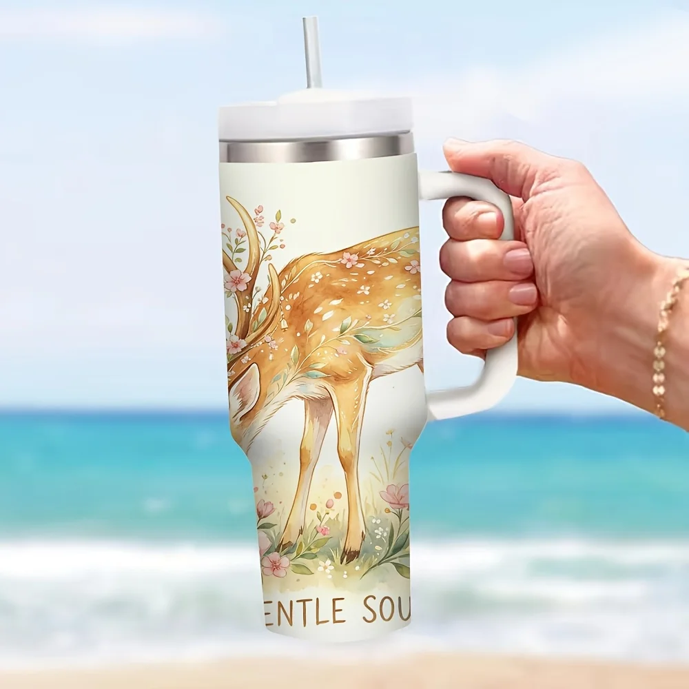 40Oz Insulated Tumbler with Handle, Gentle Watercolor Deer Floral Print Design, Keeps Beverages Hot And Cold, Suitable for Daily Use, Outdoor Trips And All Daily Scenes for Everyone