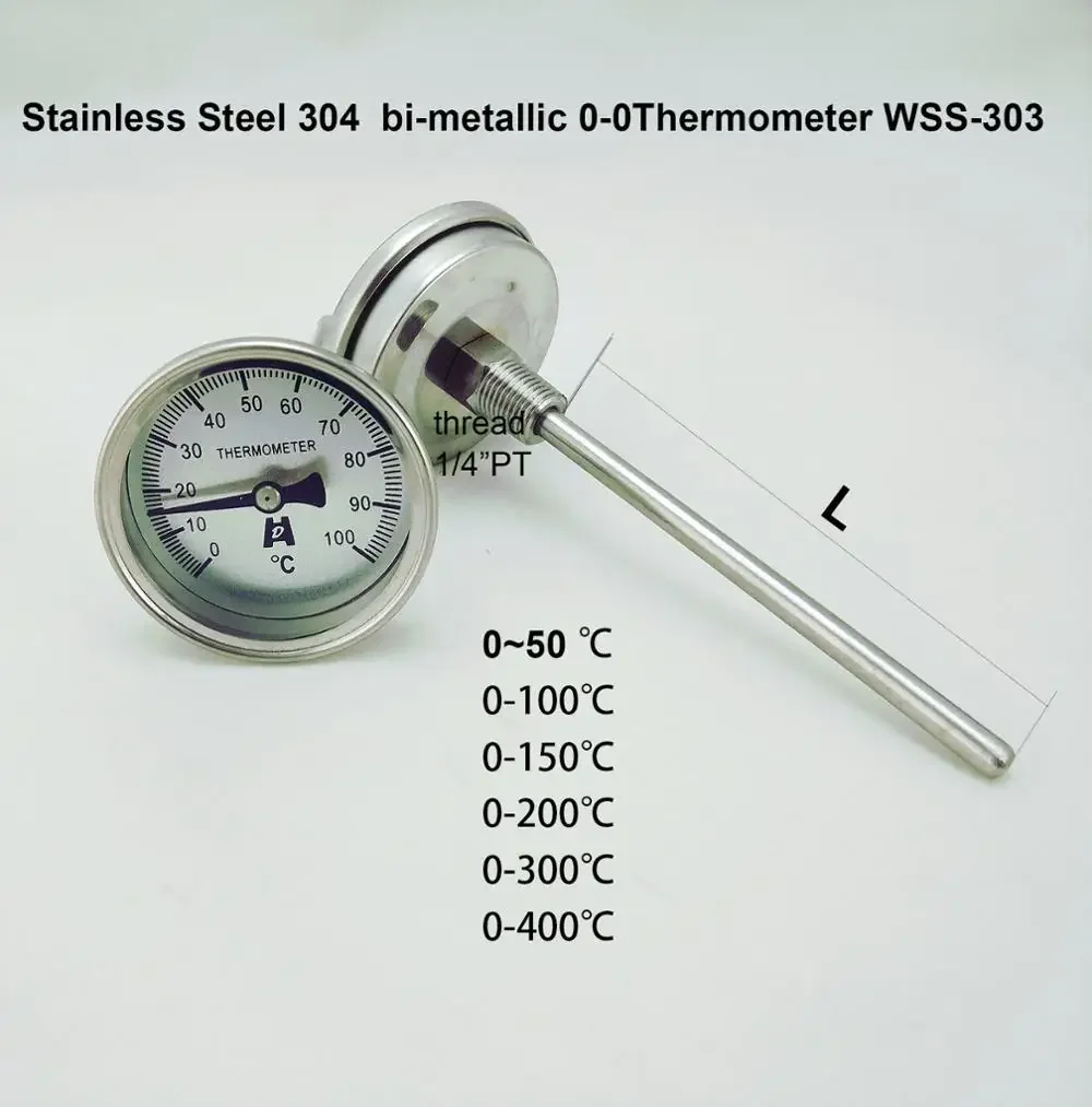 150pcs Customize #316 Stainless Steel bi-metallic Thermometer 0-50~300 degrees, Probe length L=50, 1/4PT Thread WSS-303