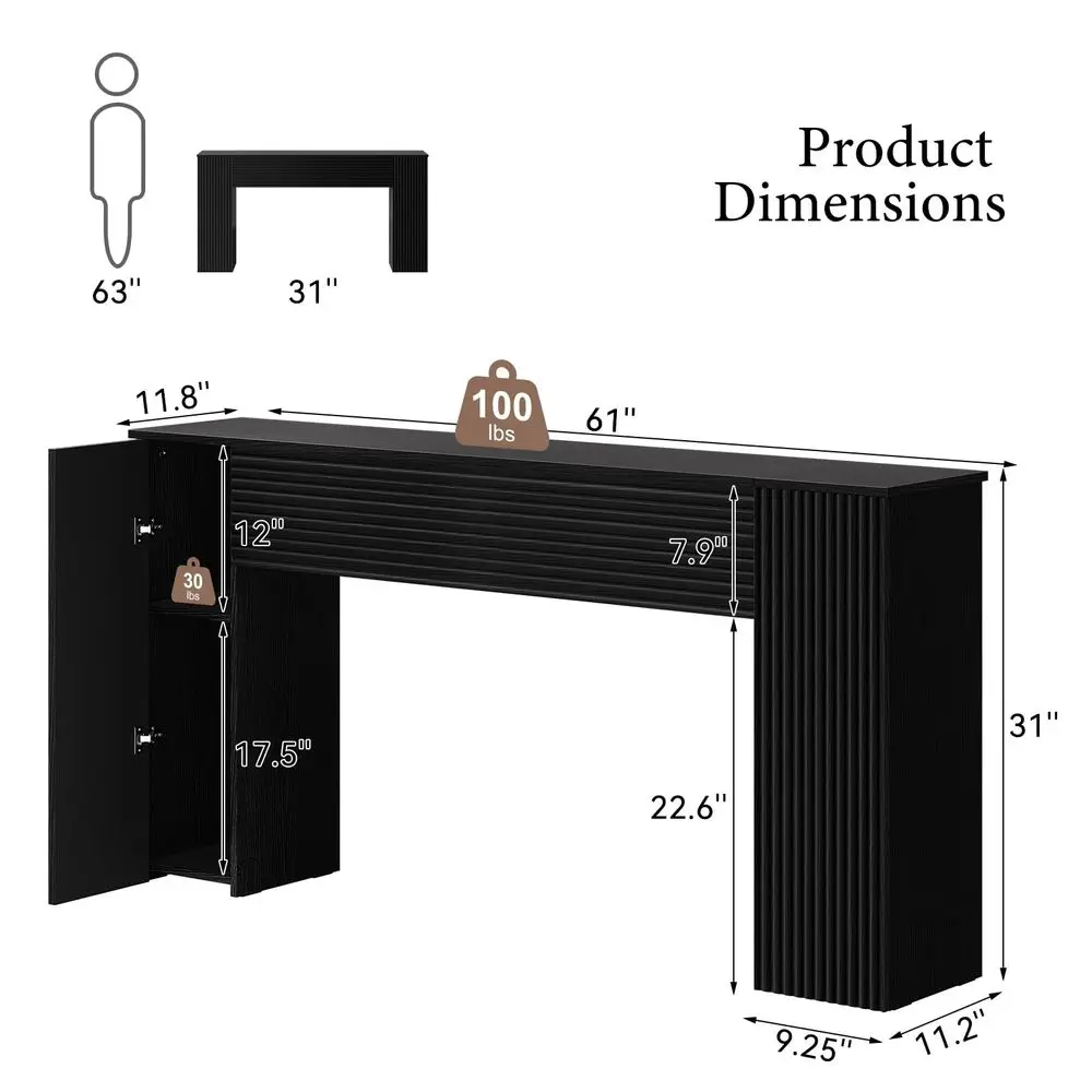 

61 Fluted Long Console Table, Wooden Rectangular Sofa Table Behind The Couch, Narrow Entryway Table with 2 Hidden Storage Cabin