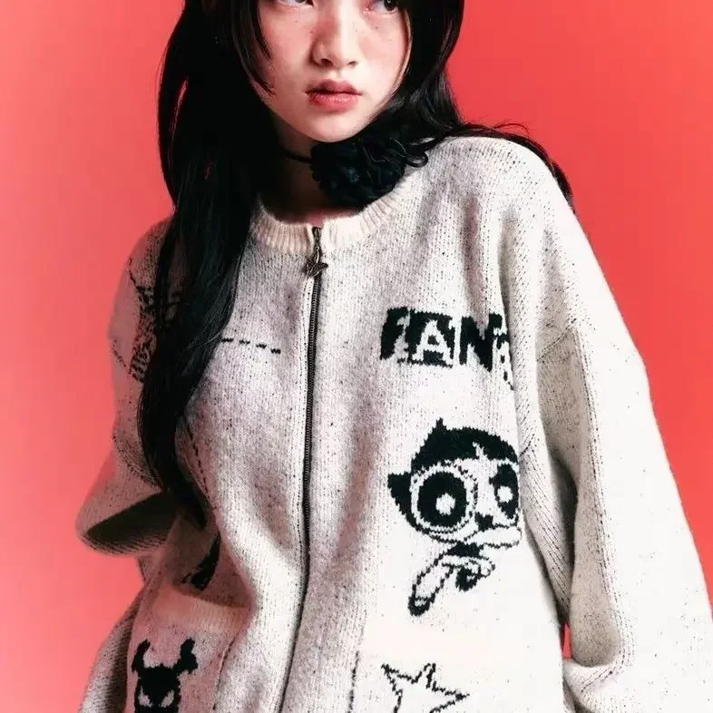 De Powerpuff Girls Anime Sweater Meisjes Lente en Herfst Vest Rits Gebreide Trui Losse en Warme Boterbloem Trui