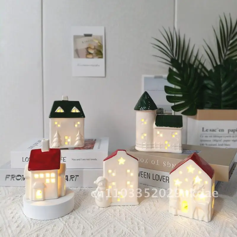 

Small House with Light Ceramic Ornaments Nordic Style Christmas Explosions Holiday Decorations Desktop Ornaments